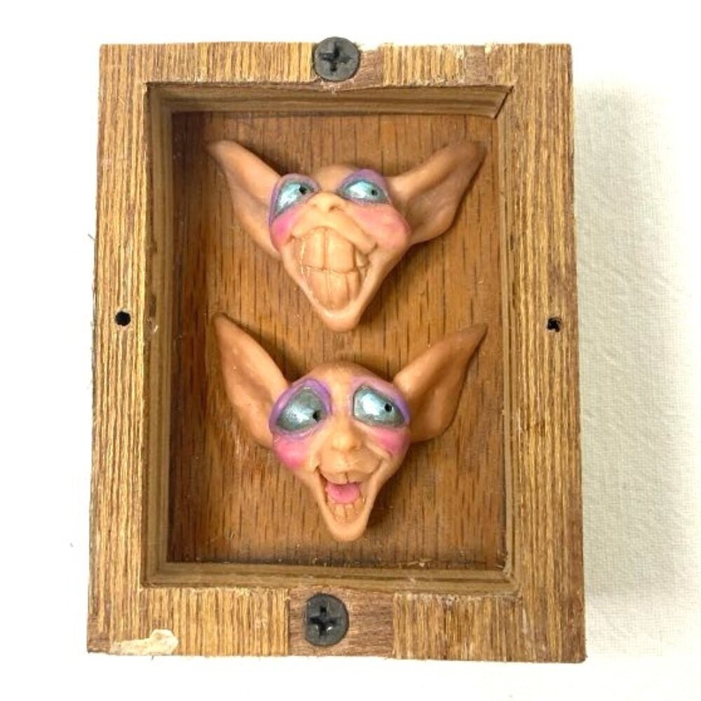 Vtg Poly Resin Gargoyle Faces in Wood Frame Gothic Dark Fairy Fantasy Handmade